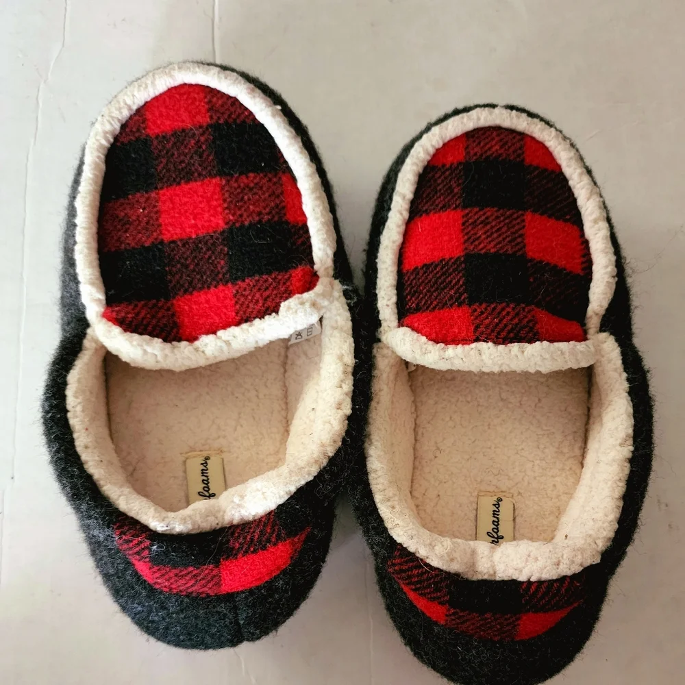 Dearfoams size 2-3 Boys Girls Plaid Multi Fab Moccasins  Slippers